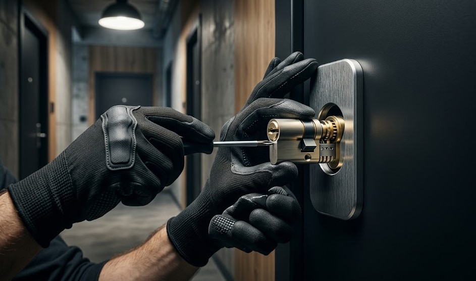Especialista Cerrajero instalando cerradura anti-bumping de alta seguridad en un piso en Mendebaldea, Pamplona